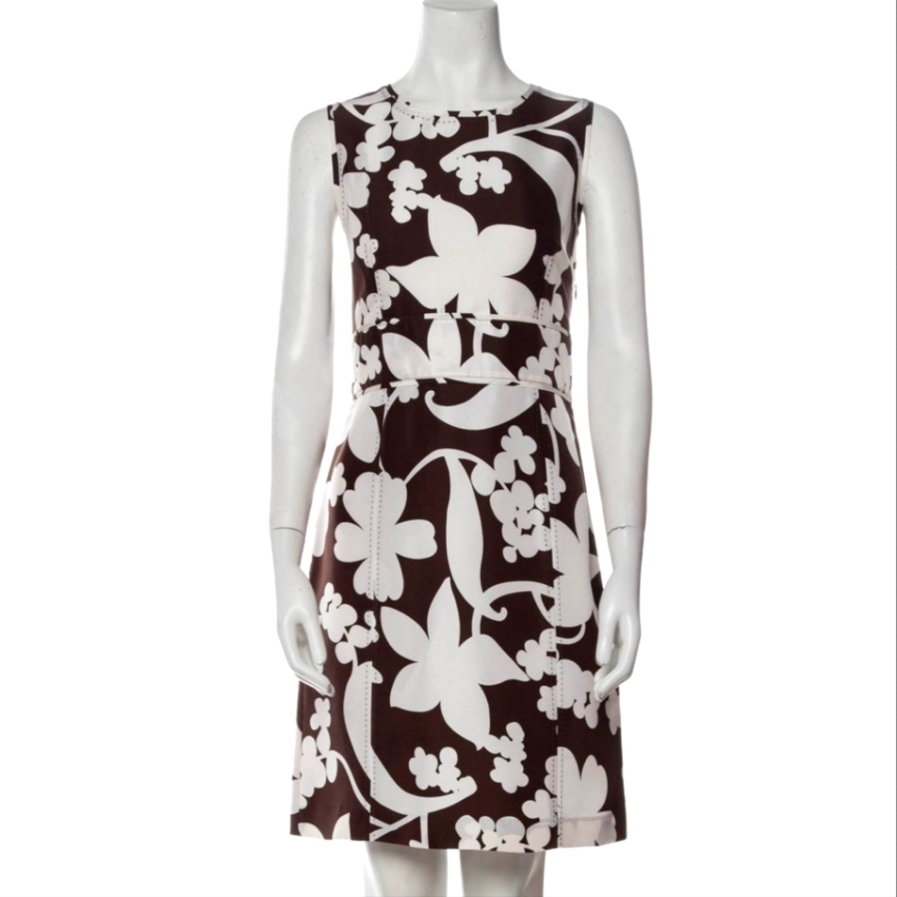 Tory Burch Silk Dress Size 10 Brown White Bold Floral A-Line Top Stitching